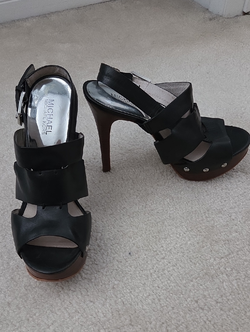 Michael Kors Seville Black Leather & Silver Studded Platform Heels